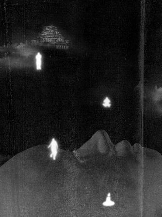 Instant.001 — mountain landscape with a lit pole and two robed figures.